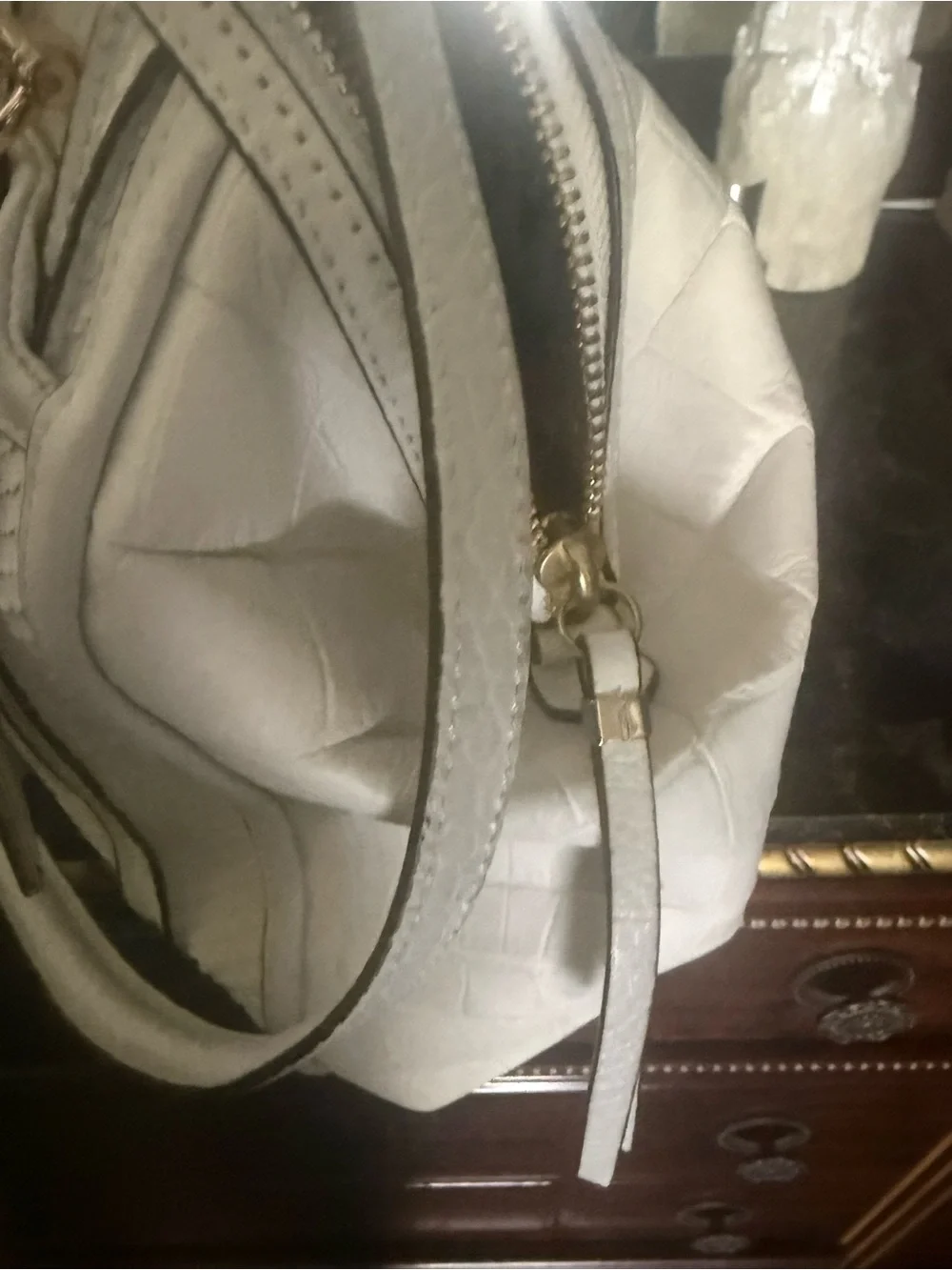 White Textured Satchel Handbag with Gold Hardware